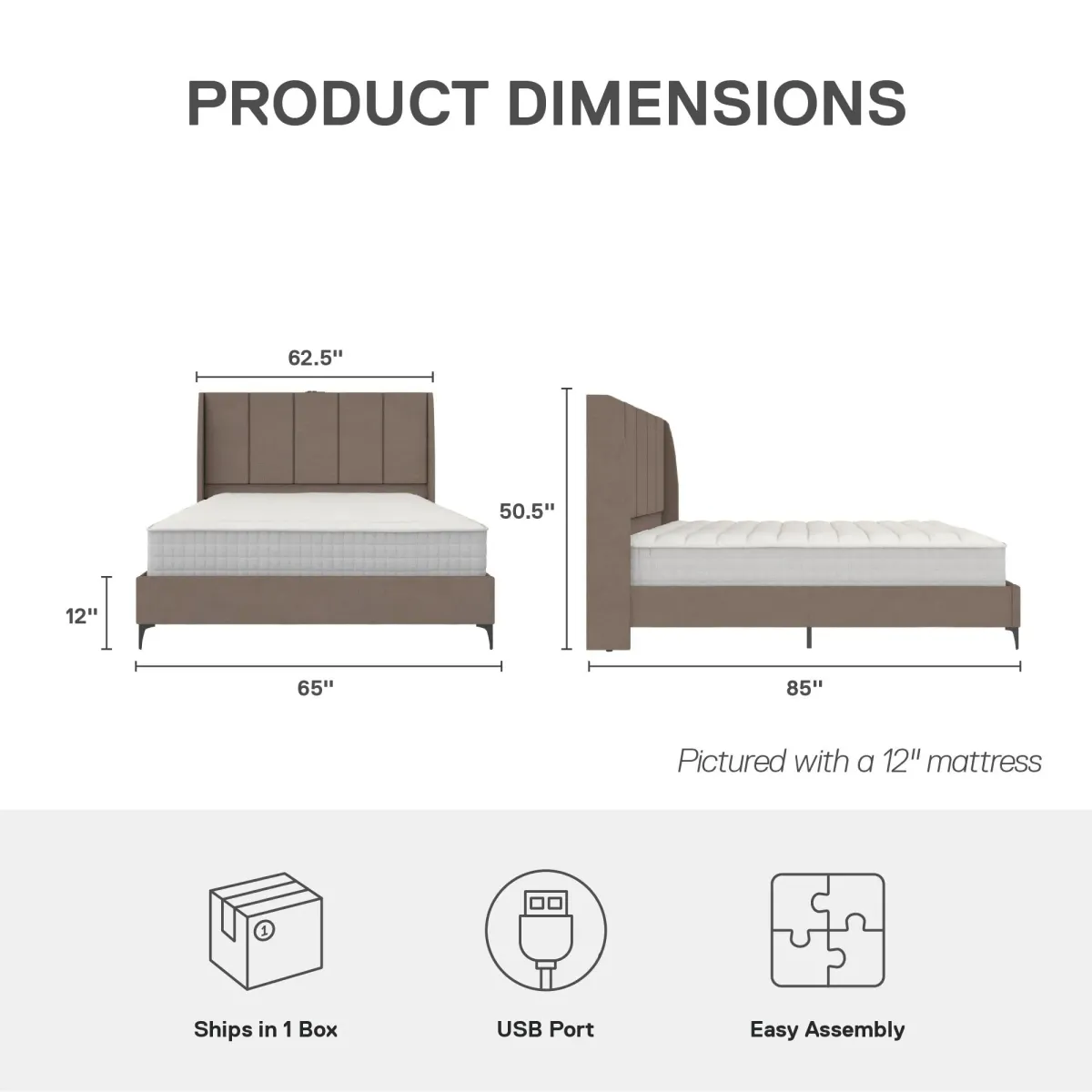 Lamora Upholstered Wingback Bed with USB Port