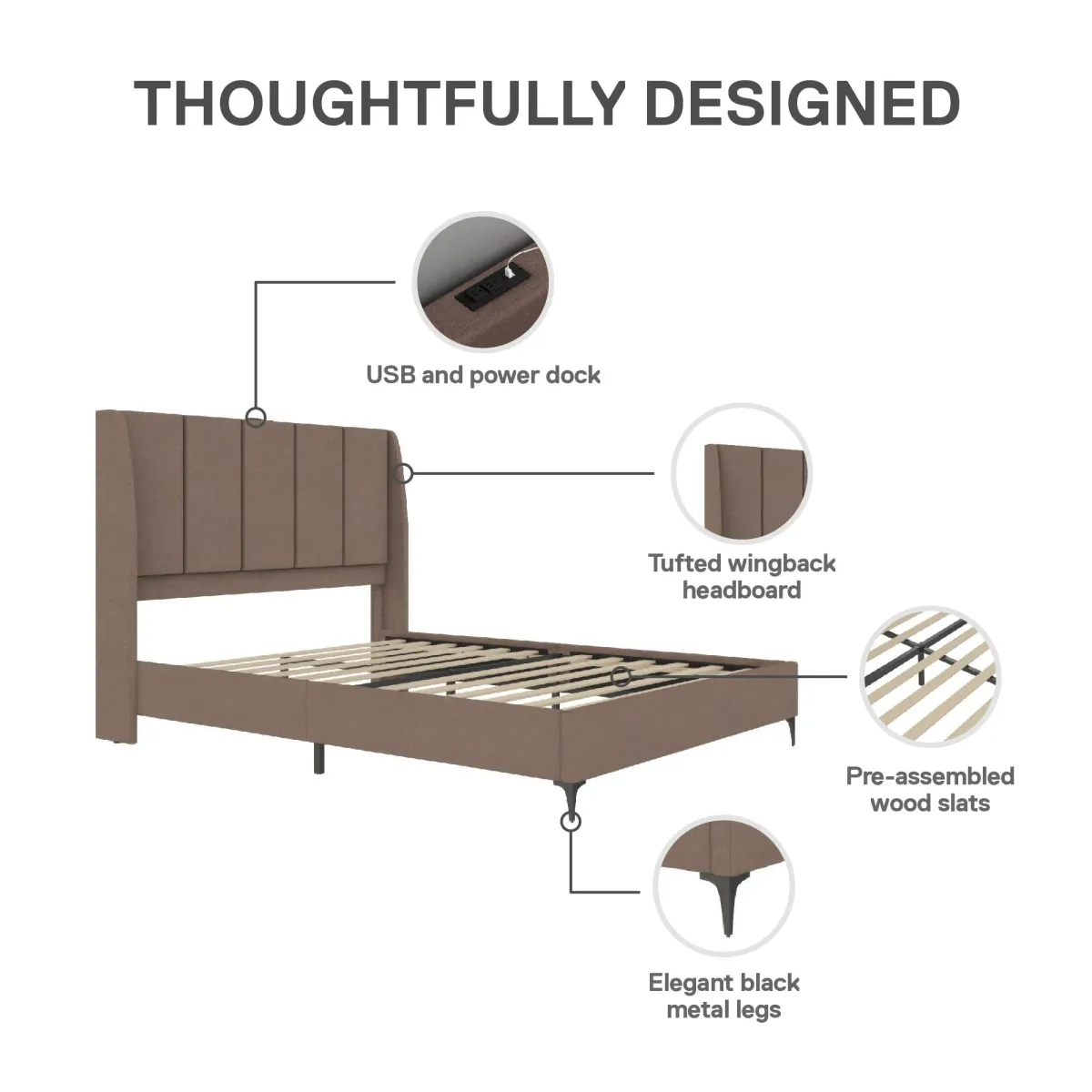 Lamora Upholstered Wingback Bed with USB Port