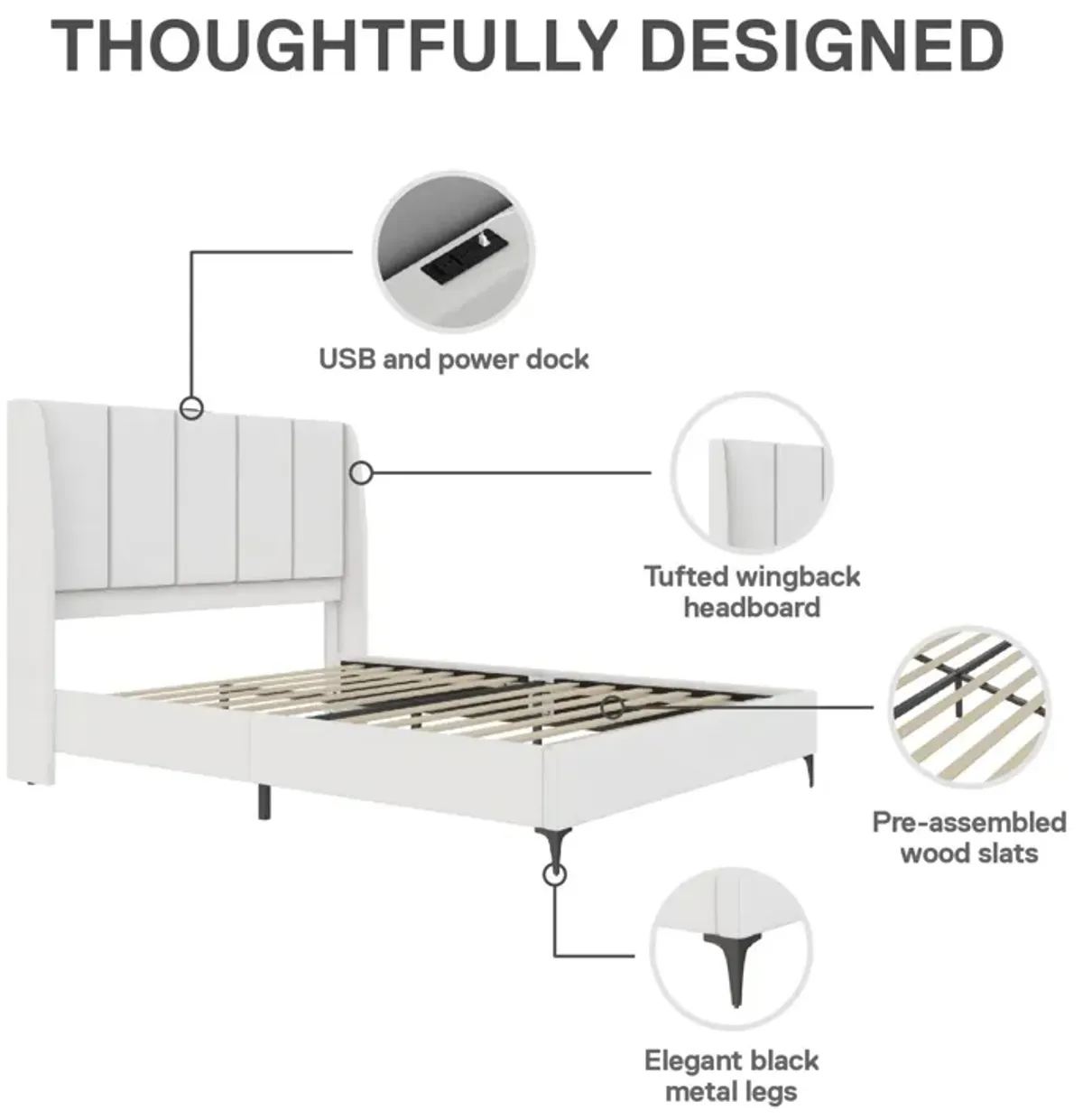 Lamora Upholstered Wingback Bed with USB Port