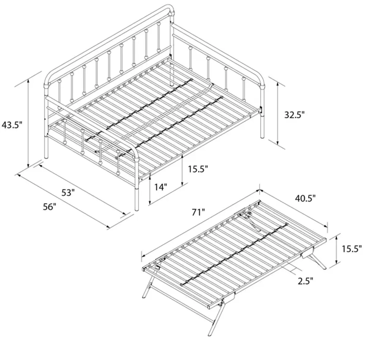 Locky Metal Daybed with Pop Up Trundle Bed