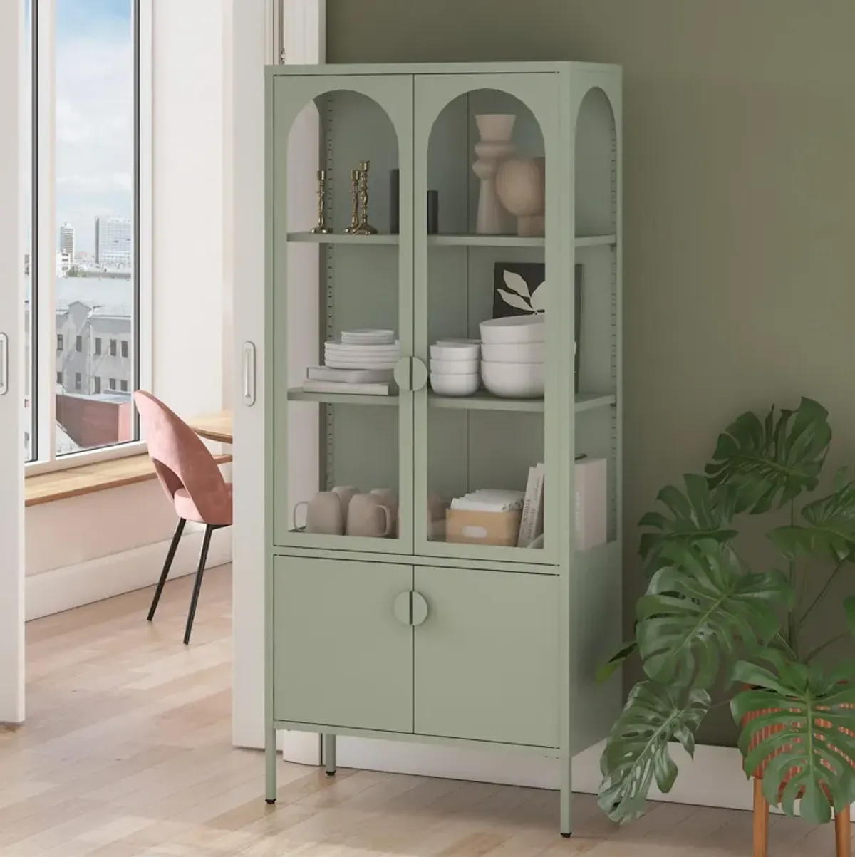 Chloe Tall Metal Display Cabinet with 2 Arched Glass Doors