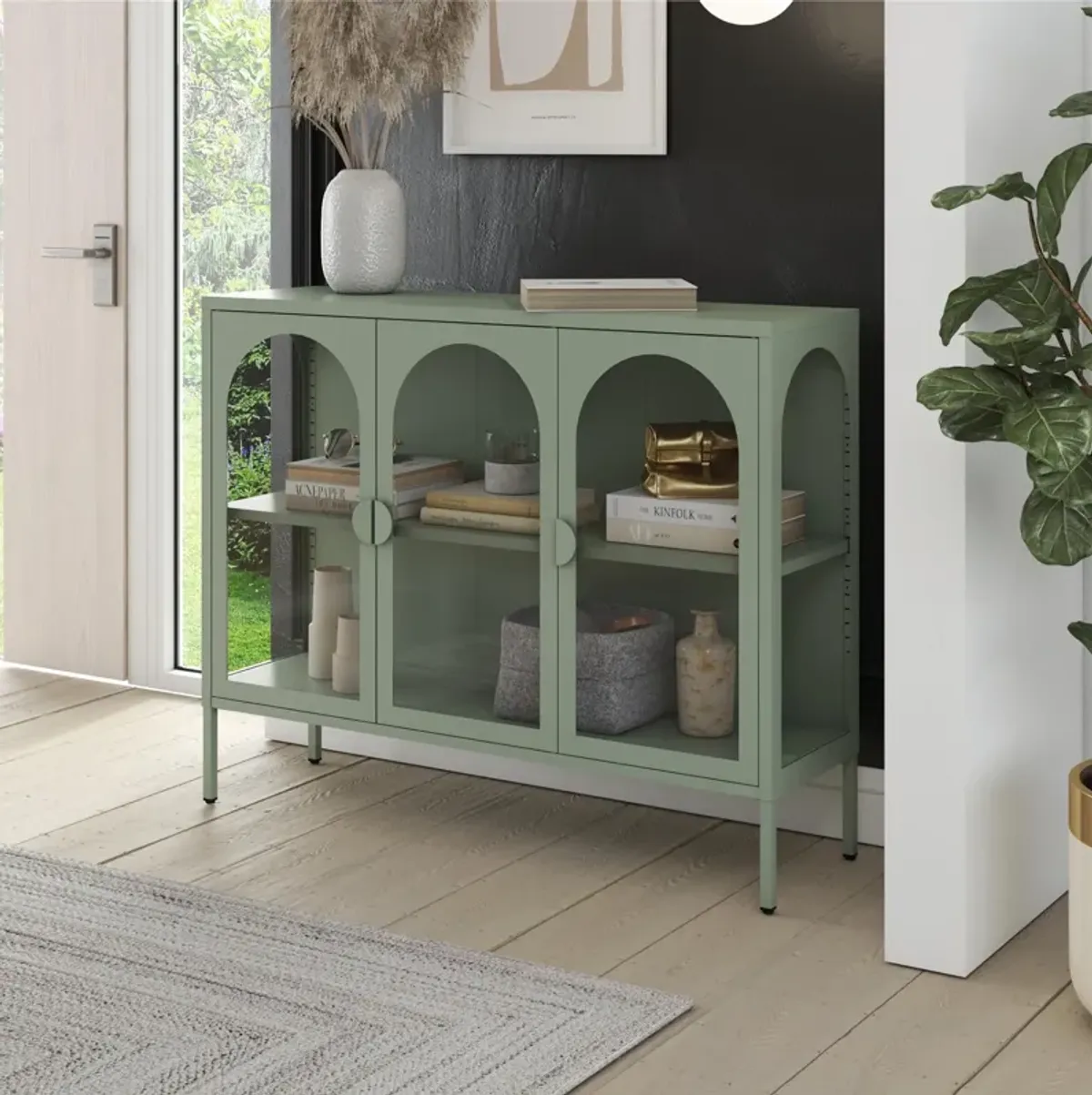 Chloe Metal Accent Cabinet With 3 Arched Glass Doors