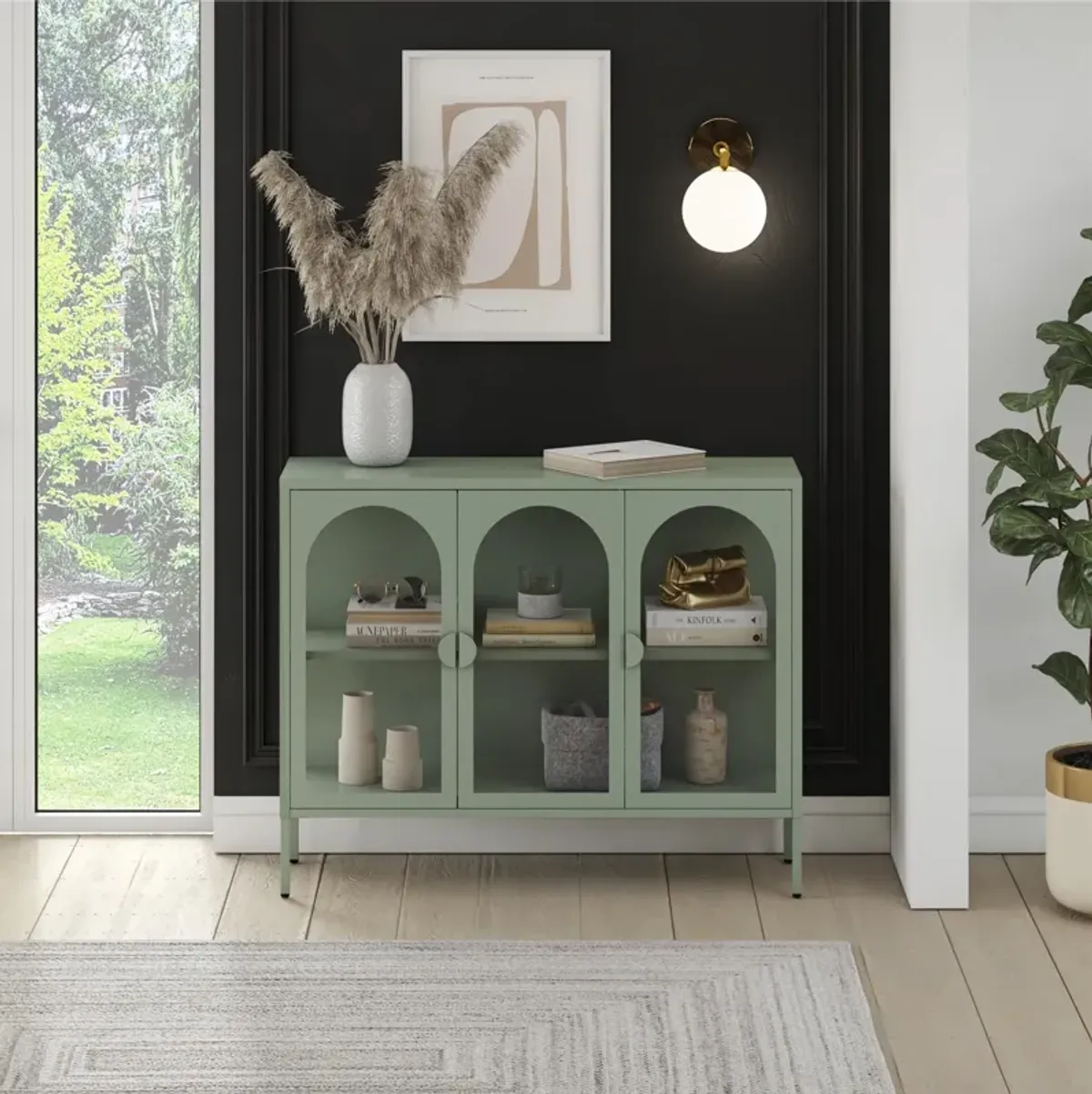 Chloe Metal Accent Cabinet With 3 Arched Glass Doors