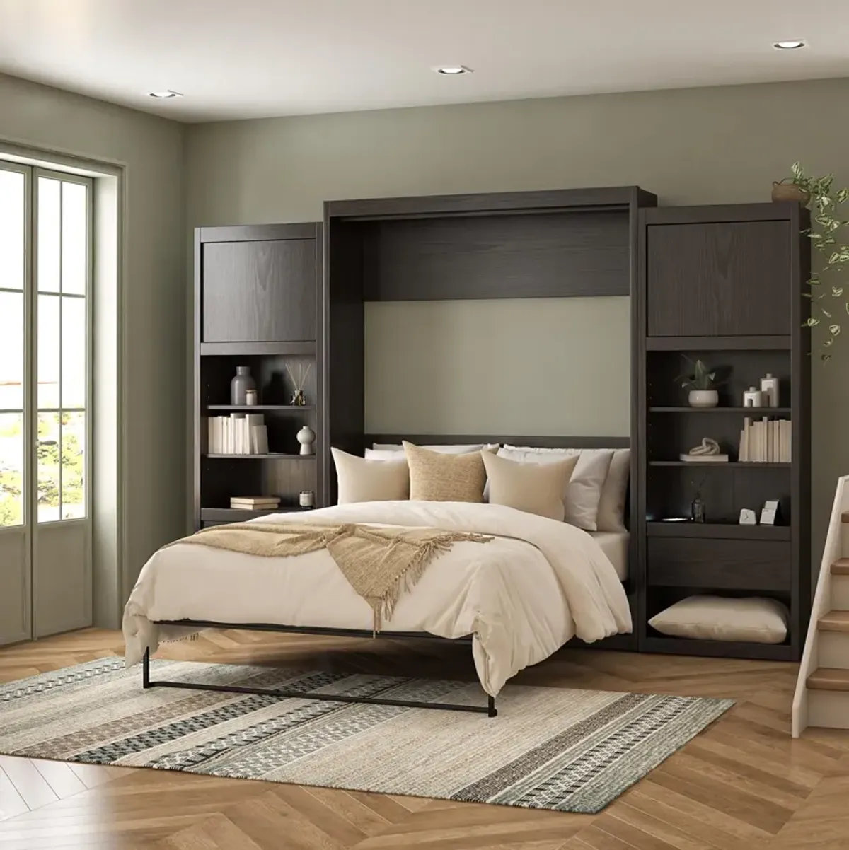 Paramount Murphy Bed Bundle with 2 Bedside Bookcase Cabinets & Slide-Out Nightstands