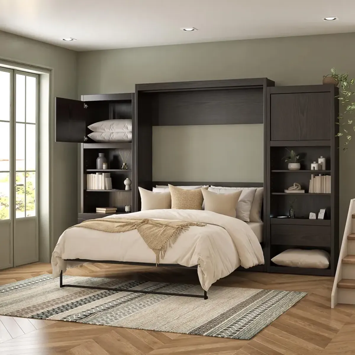 Paramount Murphy Bed Bundle with 2 Bedside Bookcase Cabinets & Slide-Out Nightstands