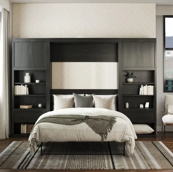Paramount Murphy Bed Bundle with 2 Bedside Bookcase Cabinets & Slide-Out Nightstands
