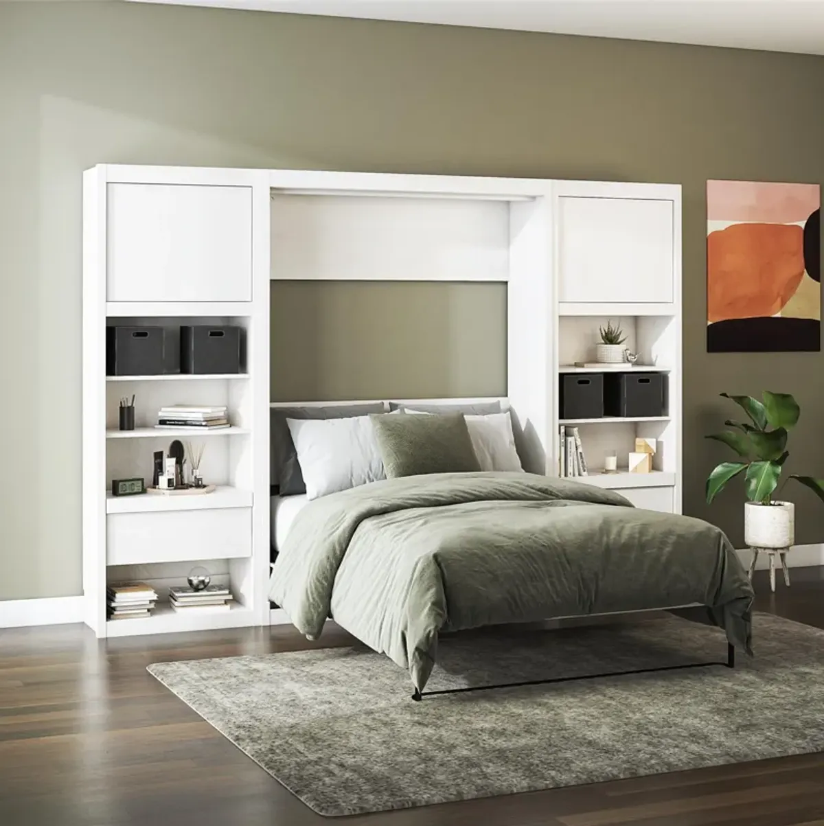 Paramount Murphy Bed Bundle with 2 Bedside Bookcase Cabinets & Slide-Out Nightstands