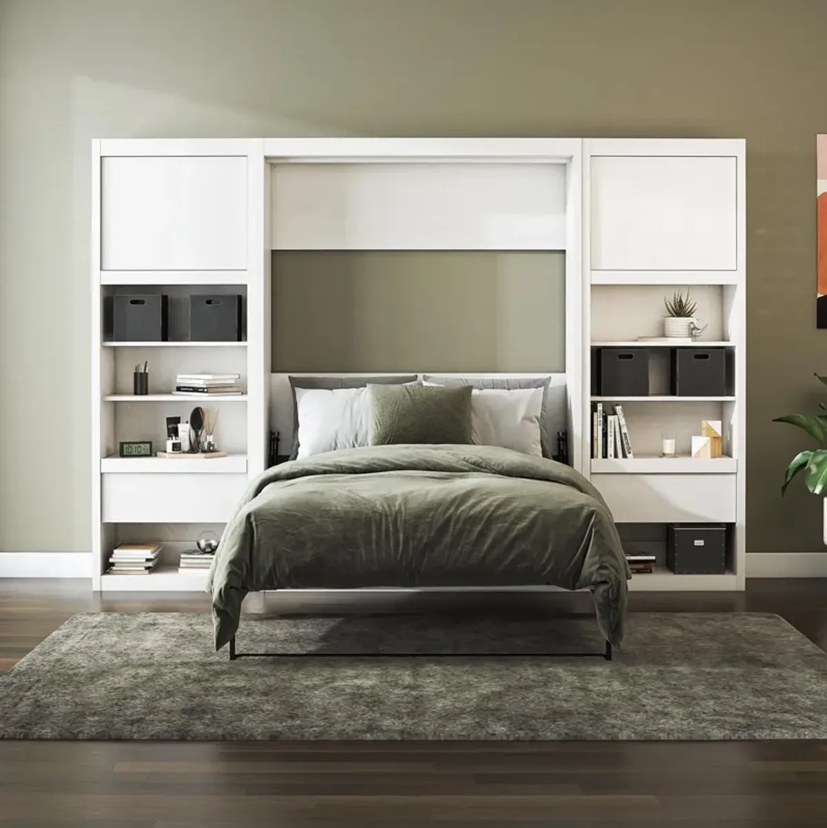 Paramount Murphy Bed Bundle with 2 Bedside Bookcase Cabinets & Slide-Out Nightstands