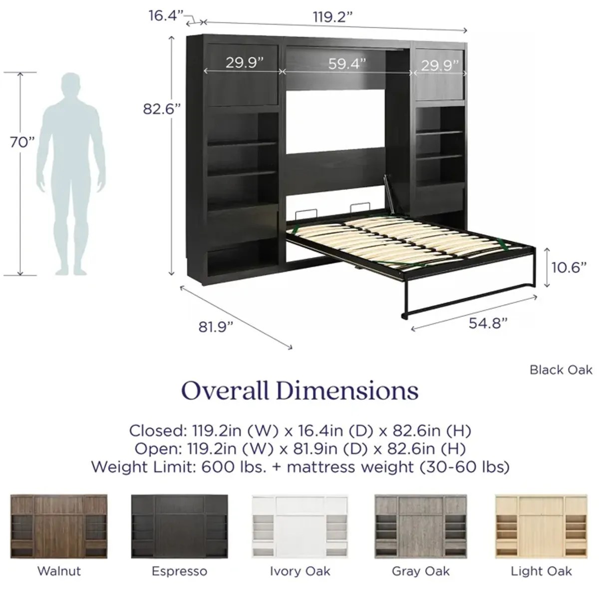 Paramount Murphy Bed Bundle with 2 Bedside Bookcase Cabinets & Slide-Out Nightstands