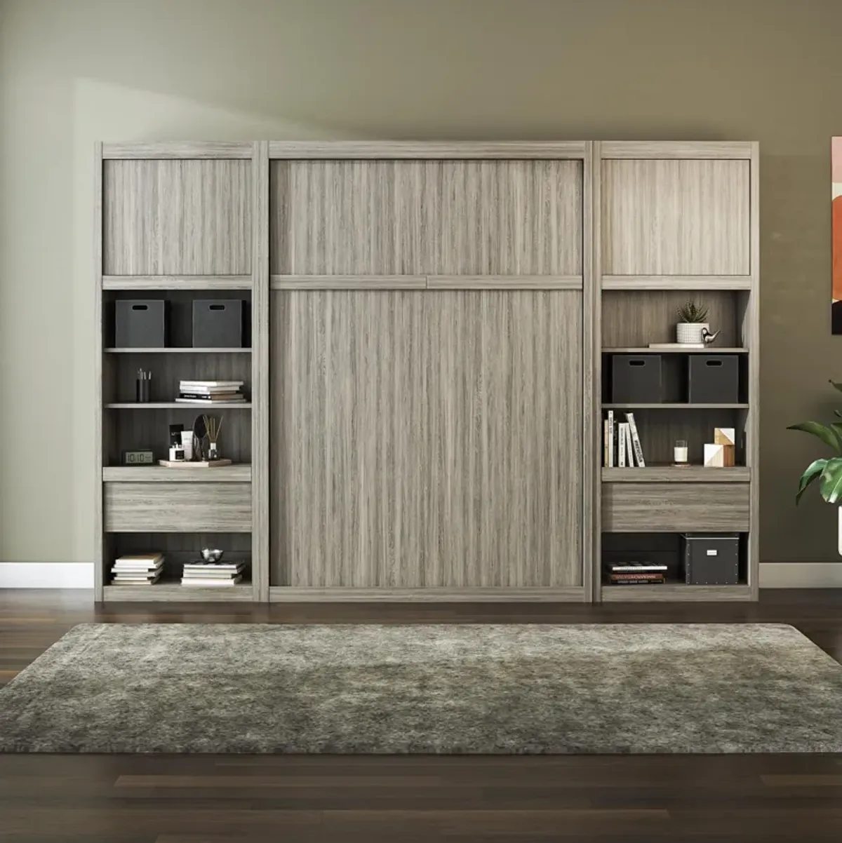 Paramount Murphy Bed Bundle with 2 Bedside Bookcase Cabinets & Slide-Out Nightstands