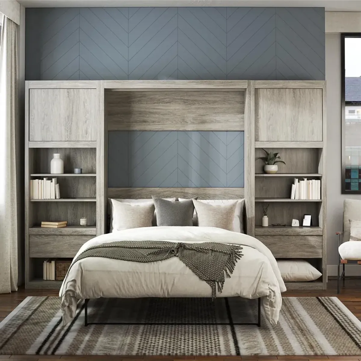 Paramount Murphy Bed Bundle with 2 Bedside Bookcase Cabinets & Slide-Out Nightstands