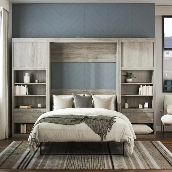 Paramount Murphy Bed Bundle with 2 Bedside Bookcase Cabinets & Slide-Out Nightstands