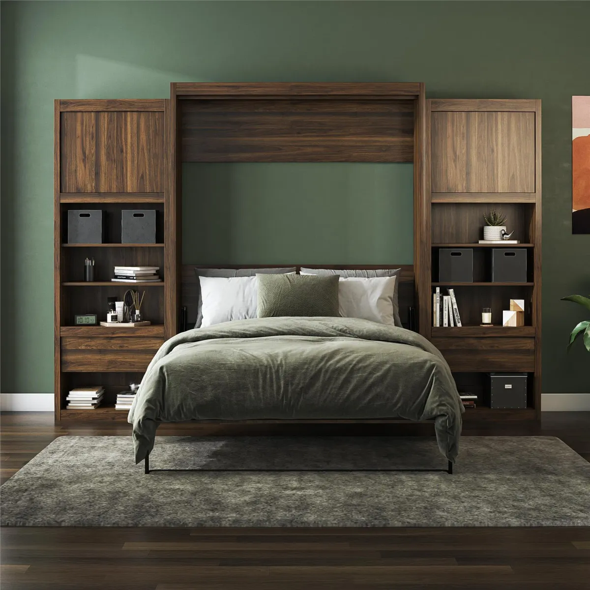 Paramount Murphy Bed Bundle with 2 Bedside Bookcase Cabinets & Slide-Out Nightstands
