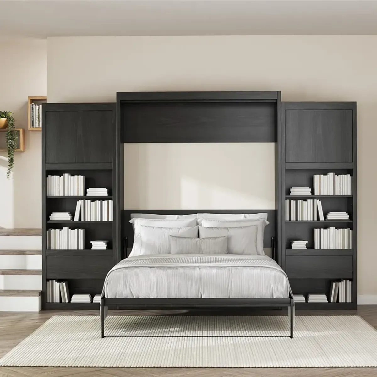 Paramount Murphy Bed Bundle with 2 Bedside Bookcase Cabinets & Slide-Out Nightstands