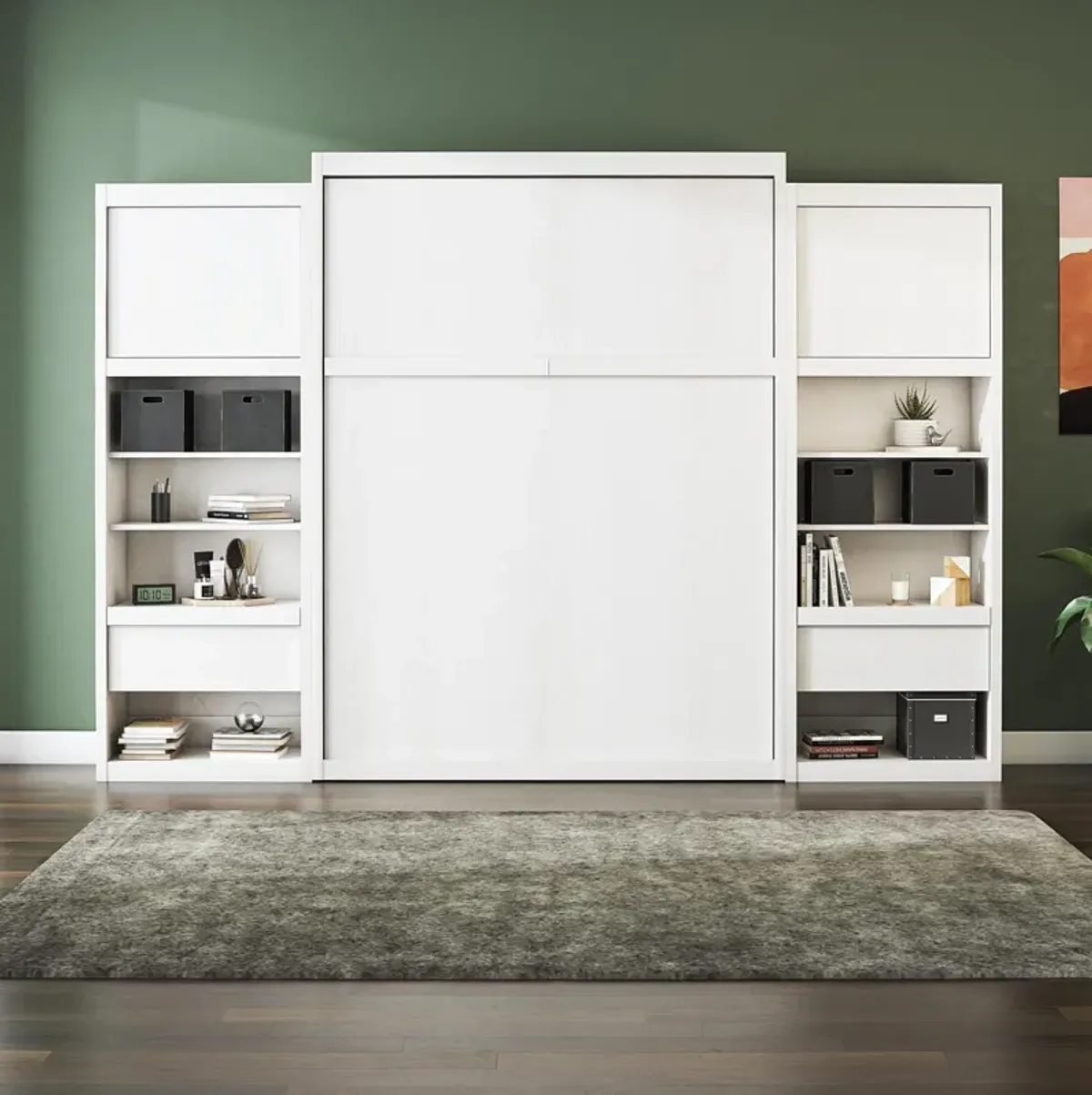 Paramount Murphy Bed Bundle with 2 Bedside Bookcase Cabinets & Slide-Out Nightstands