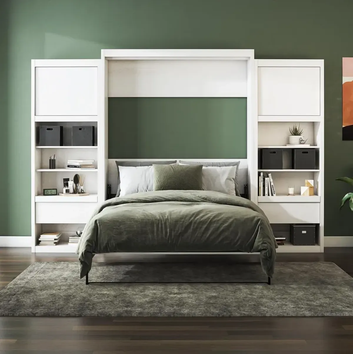 Paramount Murphy Bed Bundle with 2 Bedside Bookcase Cabinets & Slide-Out Nightstands