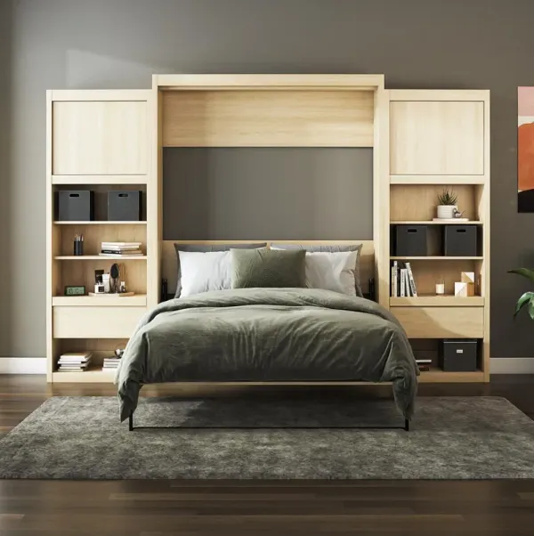 Paramount Murphy Bed Bundle with 2 Bedside Bookcase Cabinets & Slide-Out Nightstands