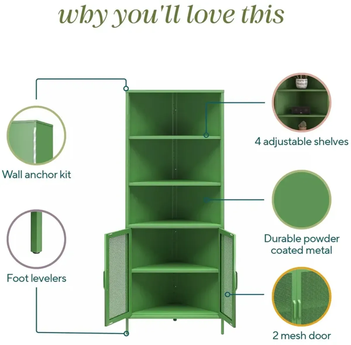 Channing 2 Doors Corner Storage Cabinet with Shelves