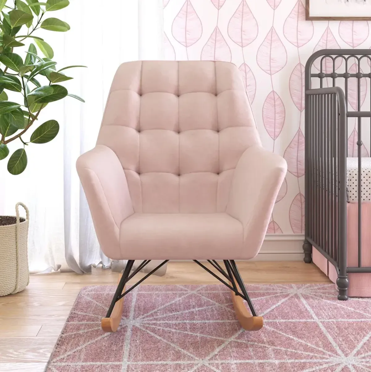 Raven Upholstered Rocker with Square Tufted Detailing and Wood Legs