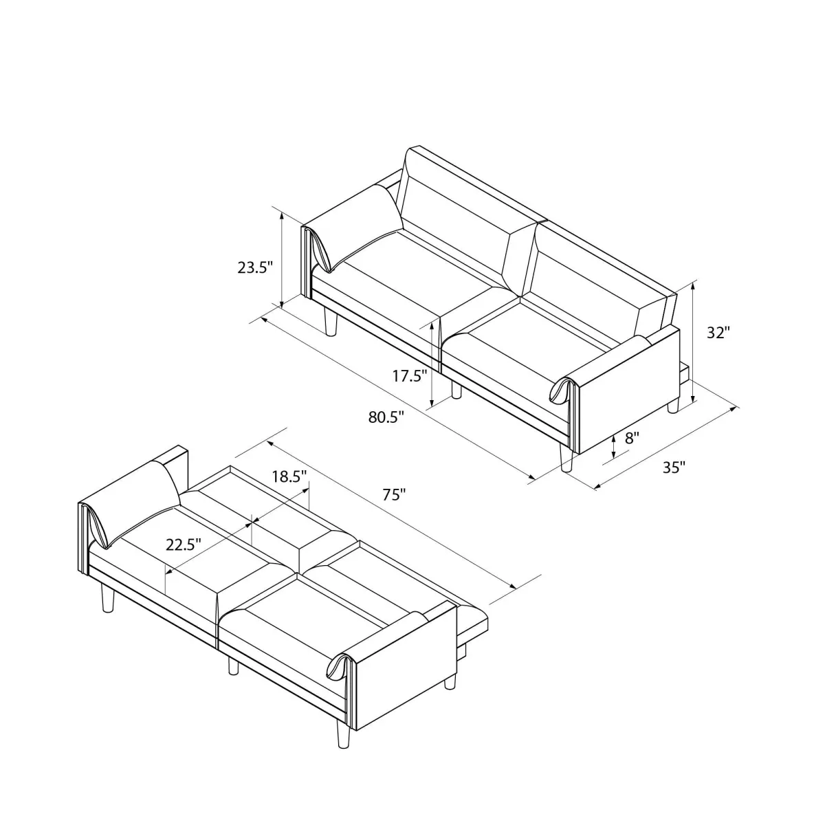 Markham 80.5 inch Futon Sofa Bed with 2 Attached Cushions