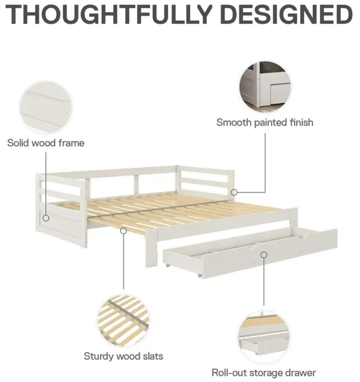 Rhodes Twin to King Wood Daybed with Storage Drawer