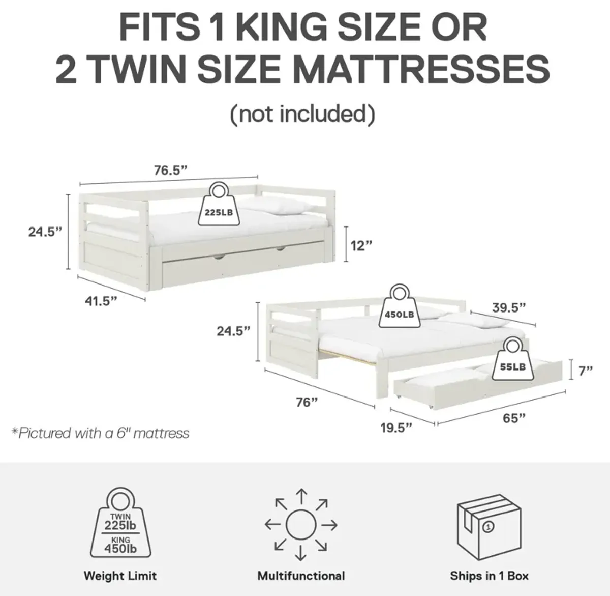 Rhodes Twin to King Wood Daybed with Storage Drawer