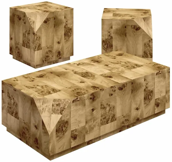 Moxie Coffee and End Table, 3 pc Set, Burl Veneer