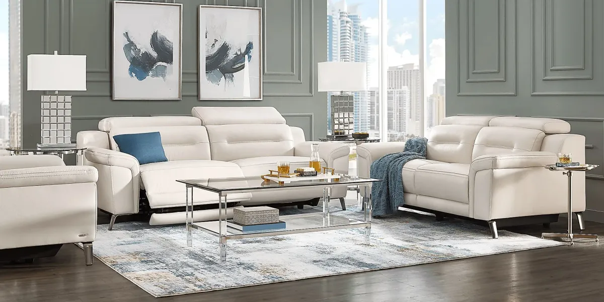 Castella Ivory Leather 5 Pc Living Room with Dual Power Reclining Sofa