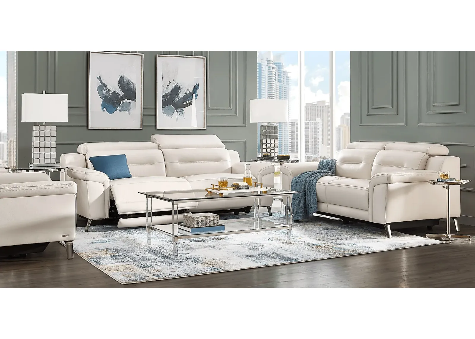 Castella Ivory Leather 5 Pc Living Room with Dual Power Reclining Sofa