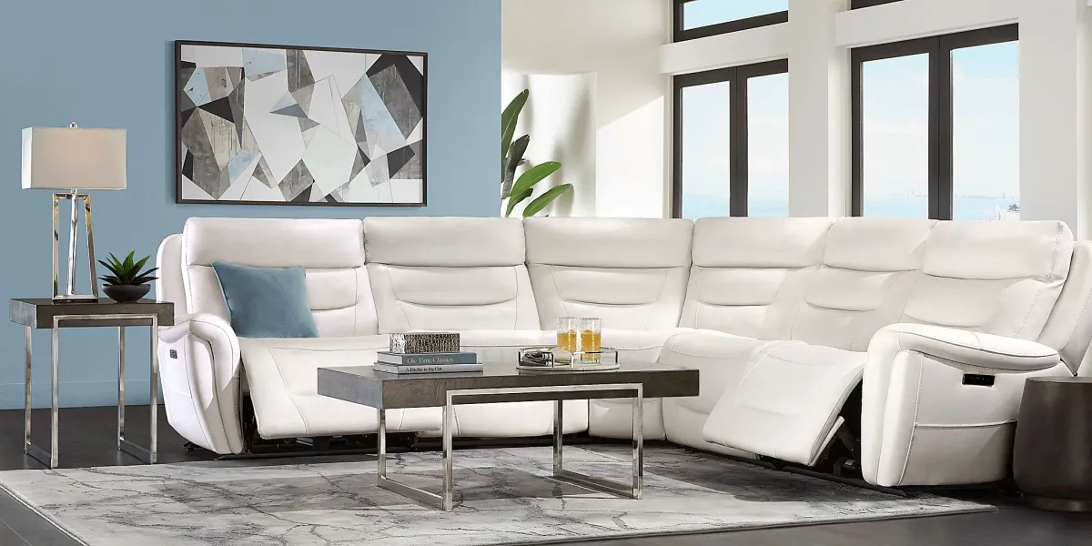 Regis Park White Leather 5 Pc Dual Power Reclining Sectional