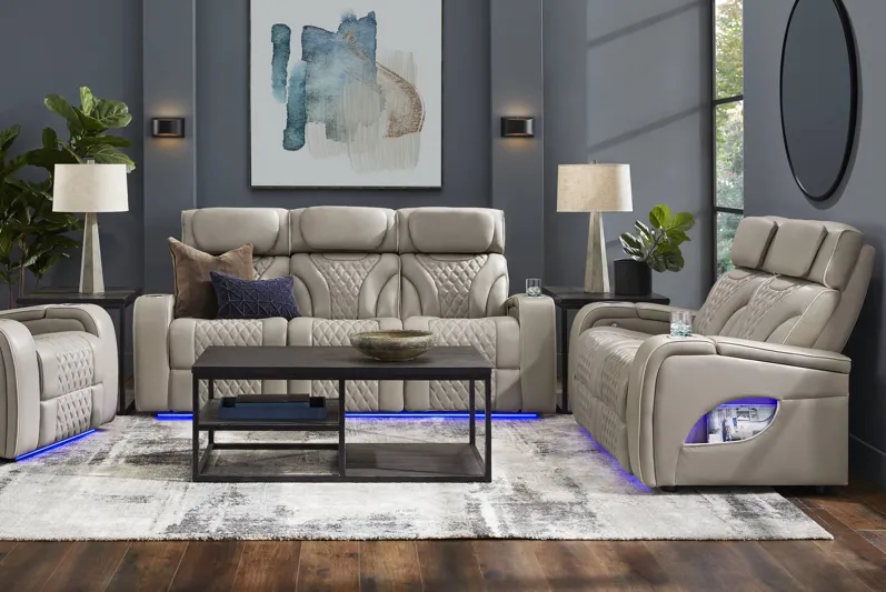 Horizon Ridge Beige Leather 2 Pc Living Room with Triple Power Reclining Sofa
