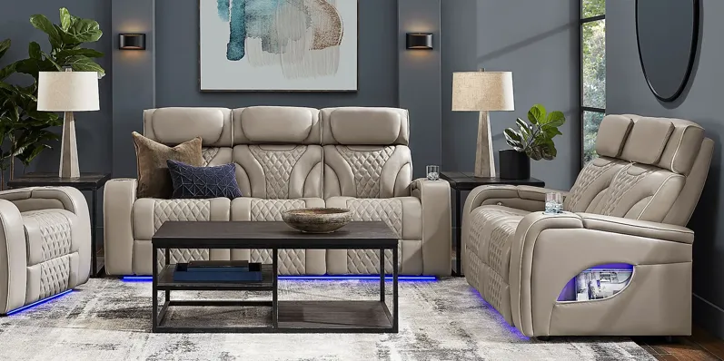 Horizon Ridge Beige Leather 2 Pc Living Room with Triple Power Reclining Sofa