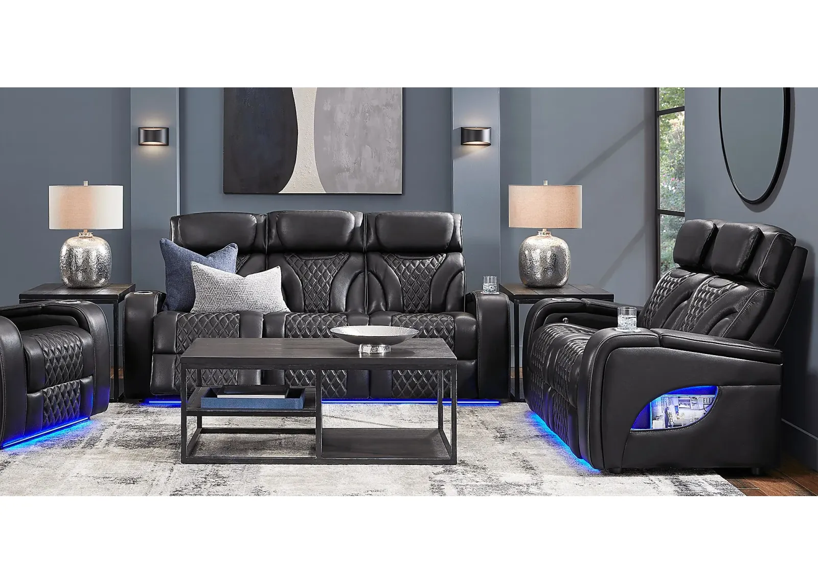 Horizon Ridge Black Leather 2 Pc Living Room with Triple Power Reclining Sofa