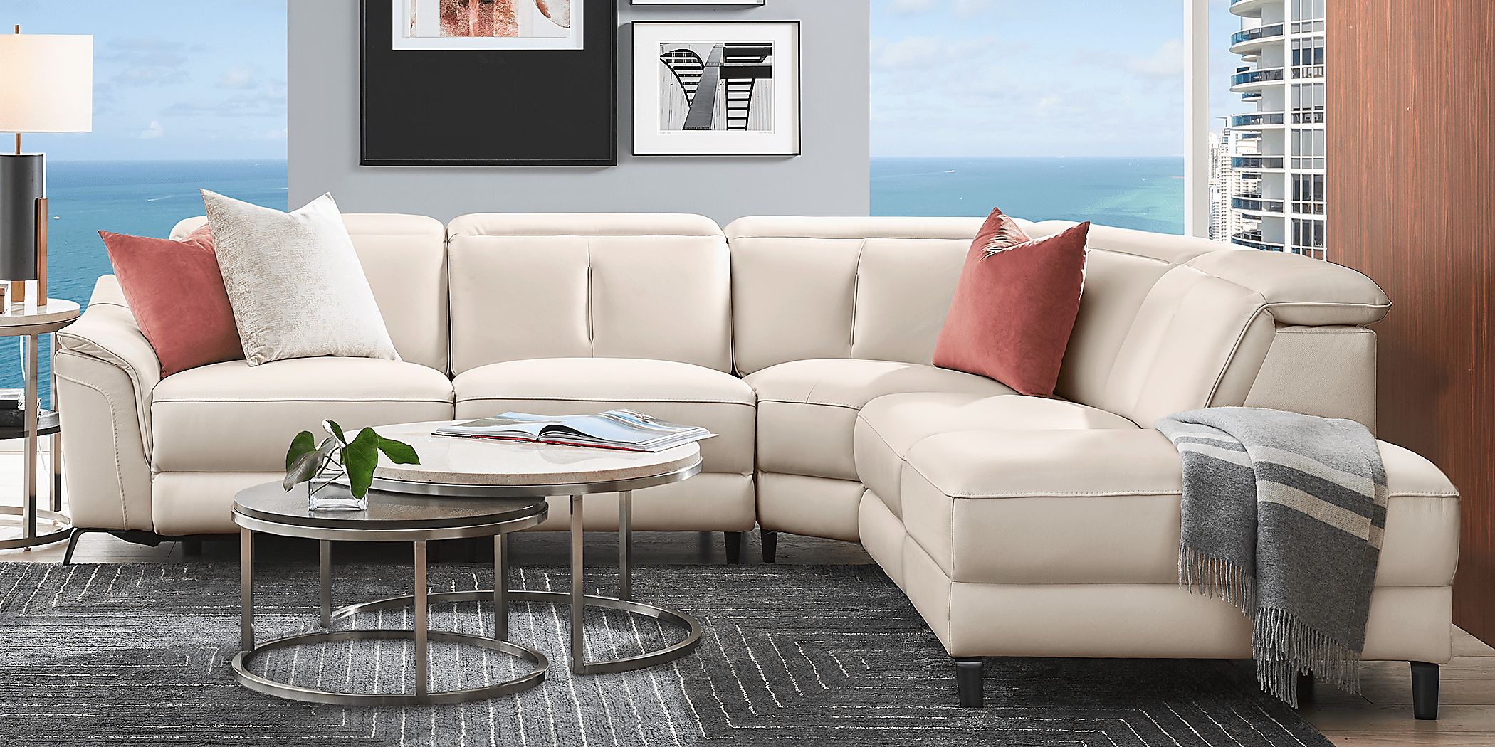 Naples Ivory Leather 5 Pc Dual Power Reclining Sectional