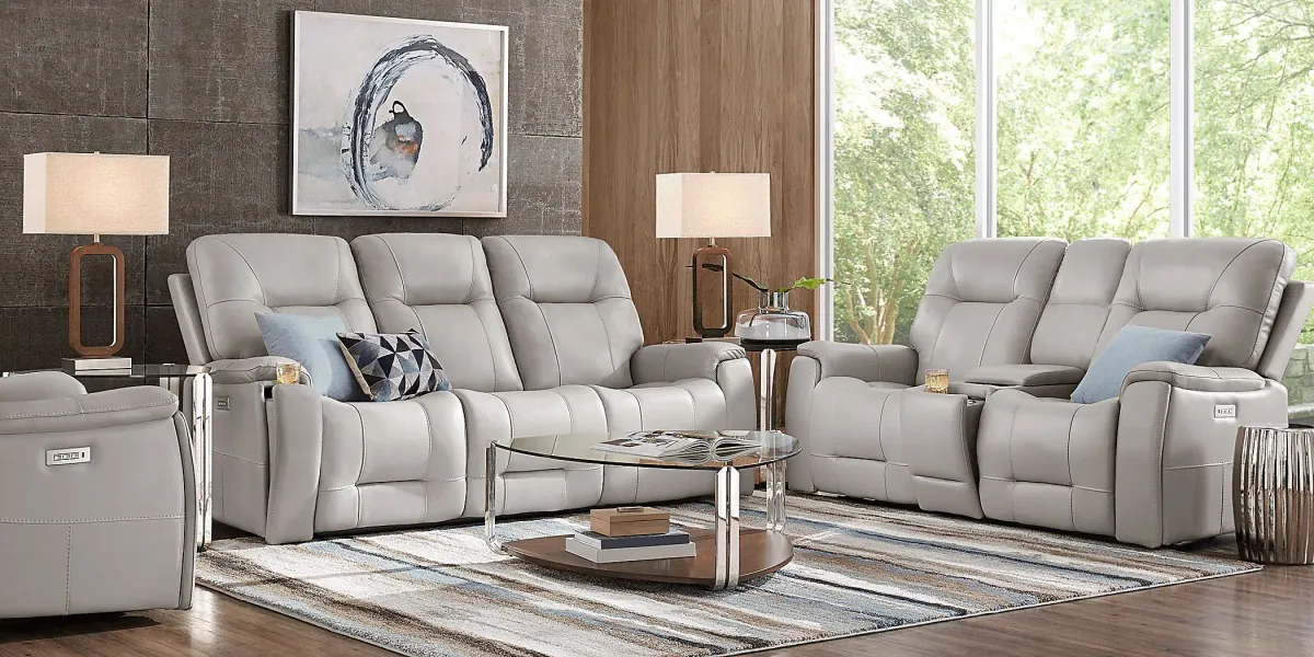 Matthews Cove Dove Gray Leather 2 Pc Triple Power Reclining Living Room