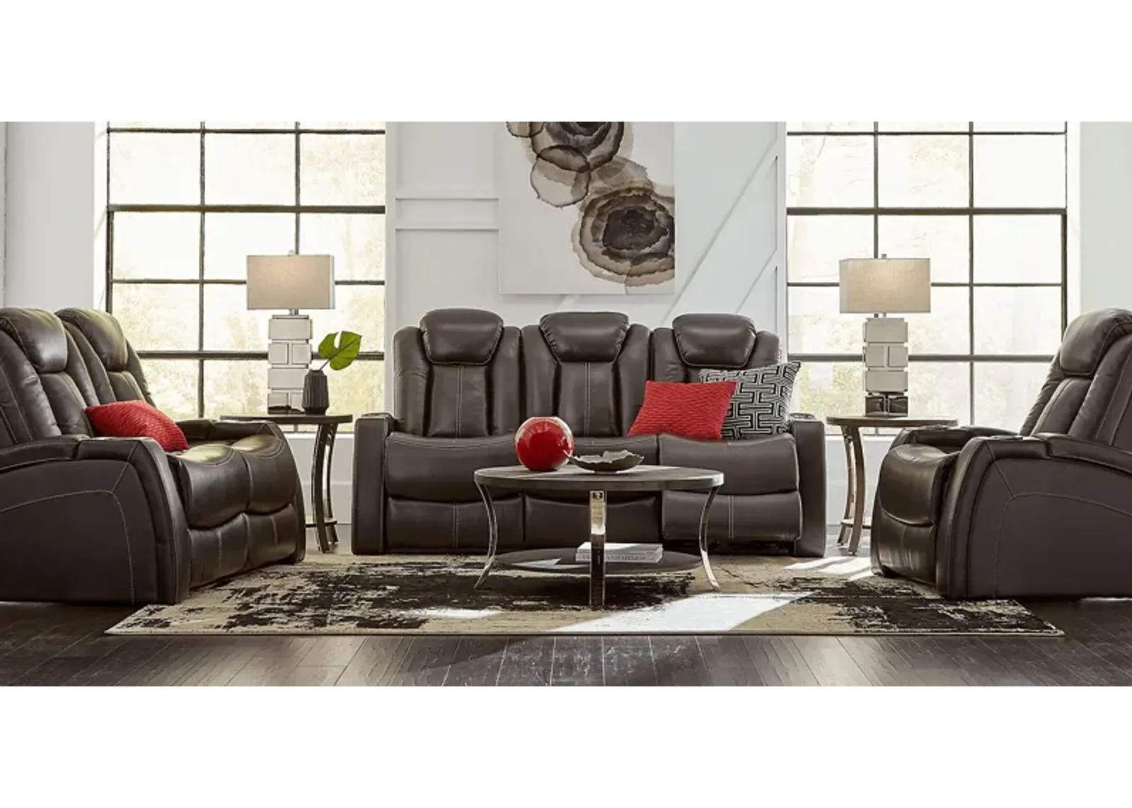 Moretti Brown Leather 2 Pc Living Room with Dual Power Reclining Sofa