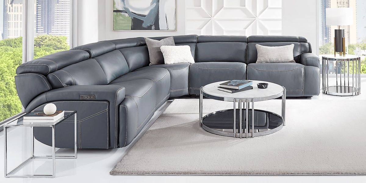 Alessio Navy Leather 5 Pc Dual Power Reclining Sectional