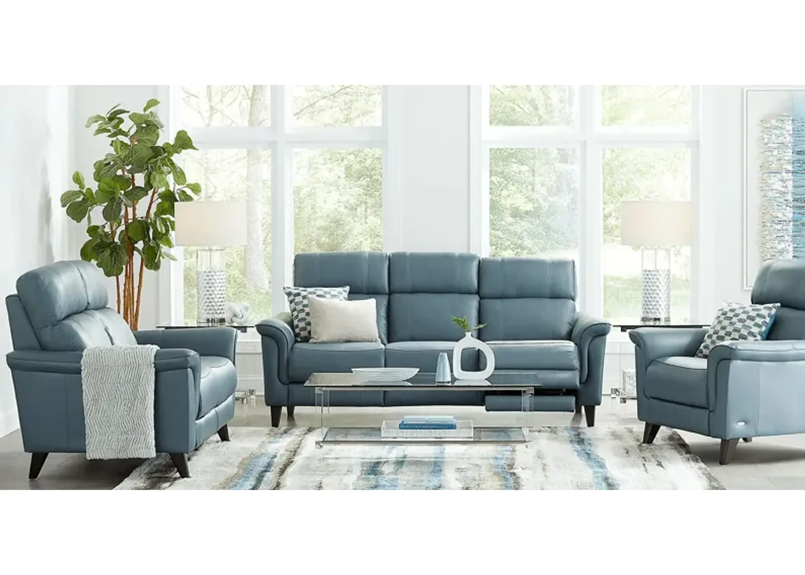 Avezzano Blue Leather 2 Pc Living Room with Dual Power Reclining Sofa