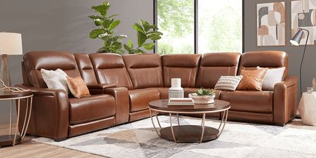 Newport Brown Leather 6 Pc Dual Power Reclining Sectional