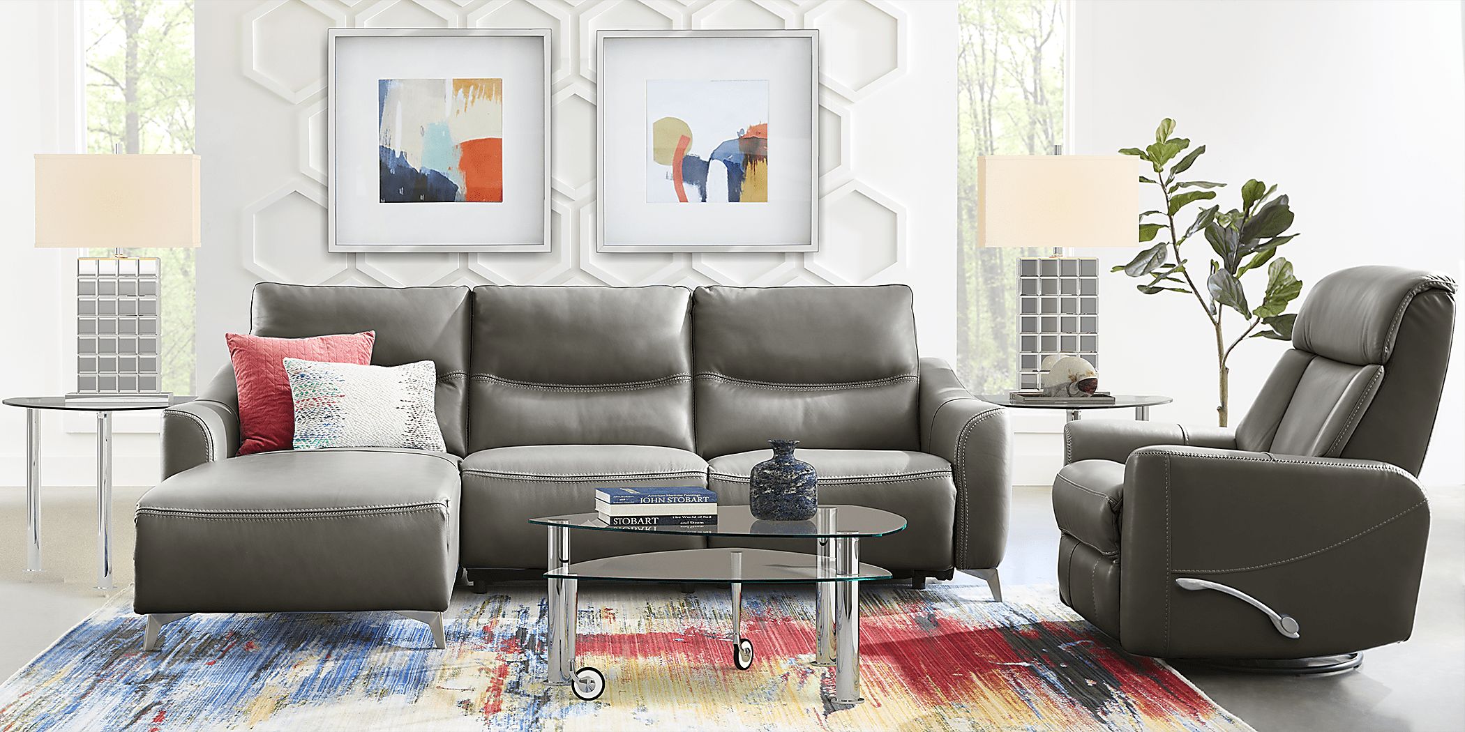 Domio Gray Leather 3 Pc Sectional