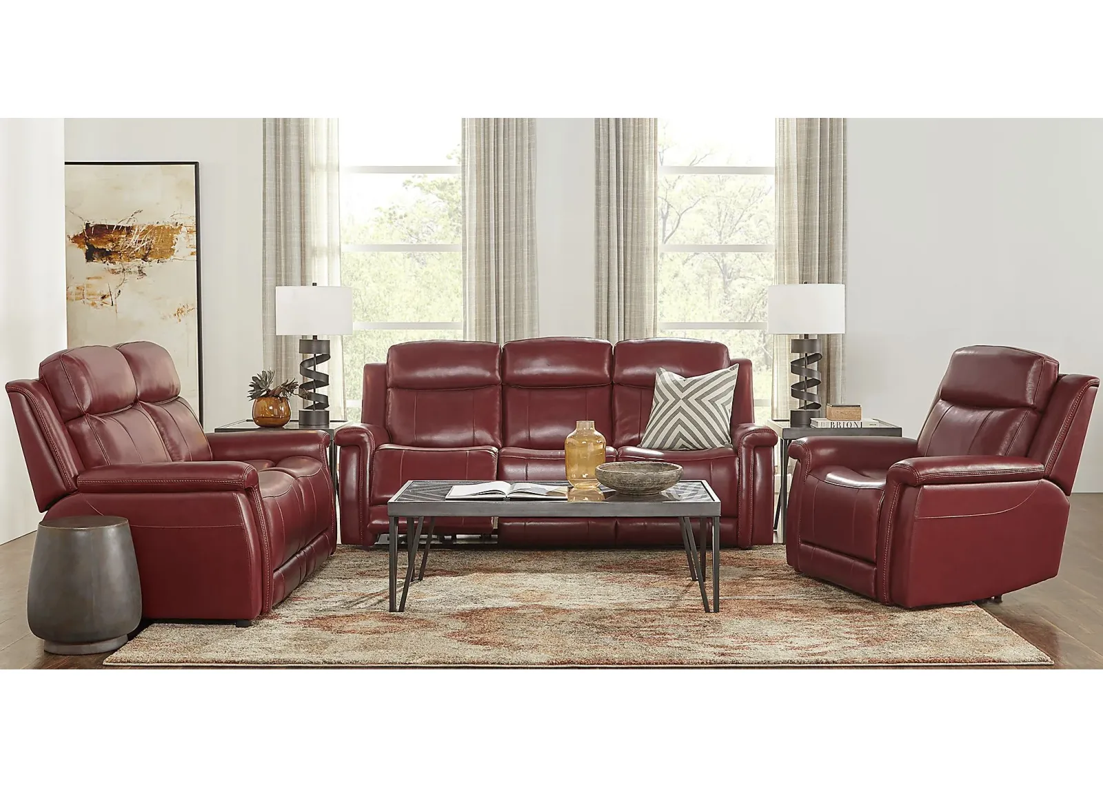 Orsini Red Leather 3 Pc Living Room with Dual Power Reclining Sofa