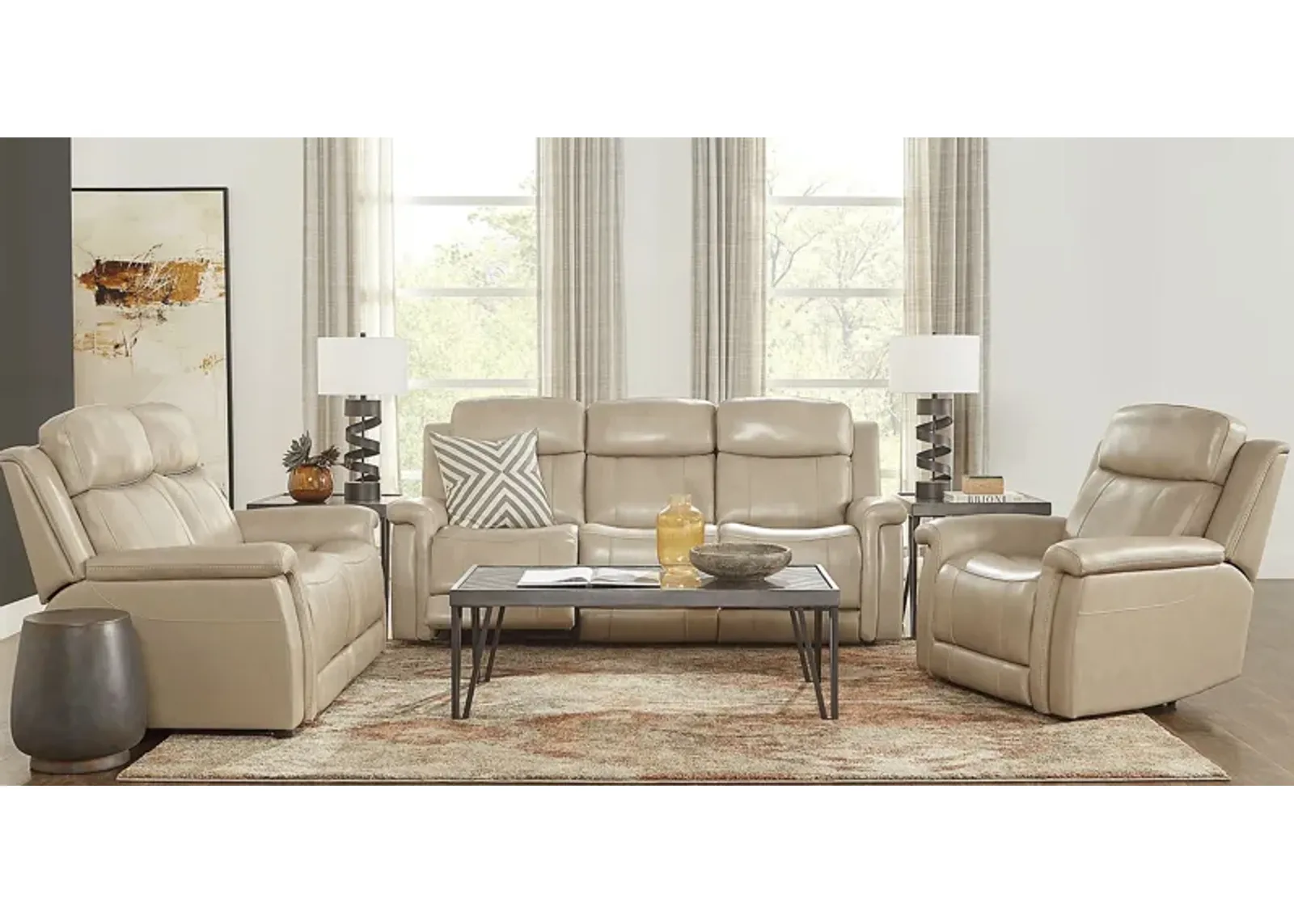 Orsini Beige Leather 3 Pc Living Room with Dual Power Reclining Sofa