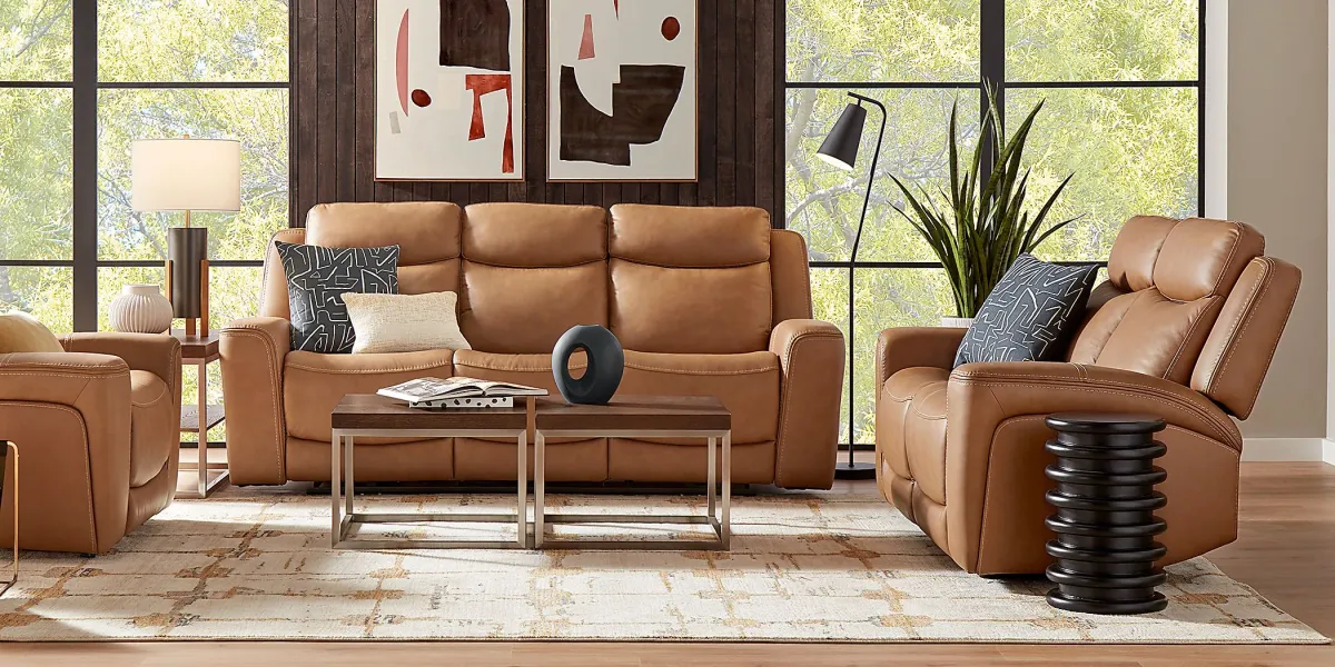 Davidson Caramel Leather 7 Pc Living Room with Dual Power Reclining Sofa