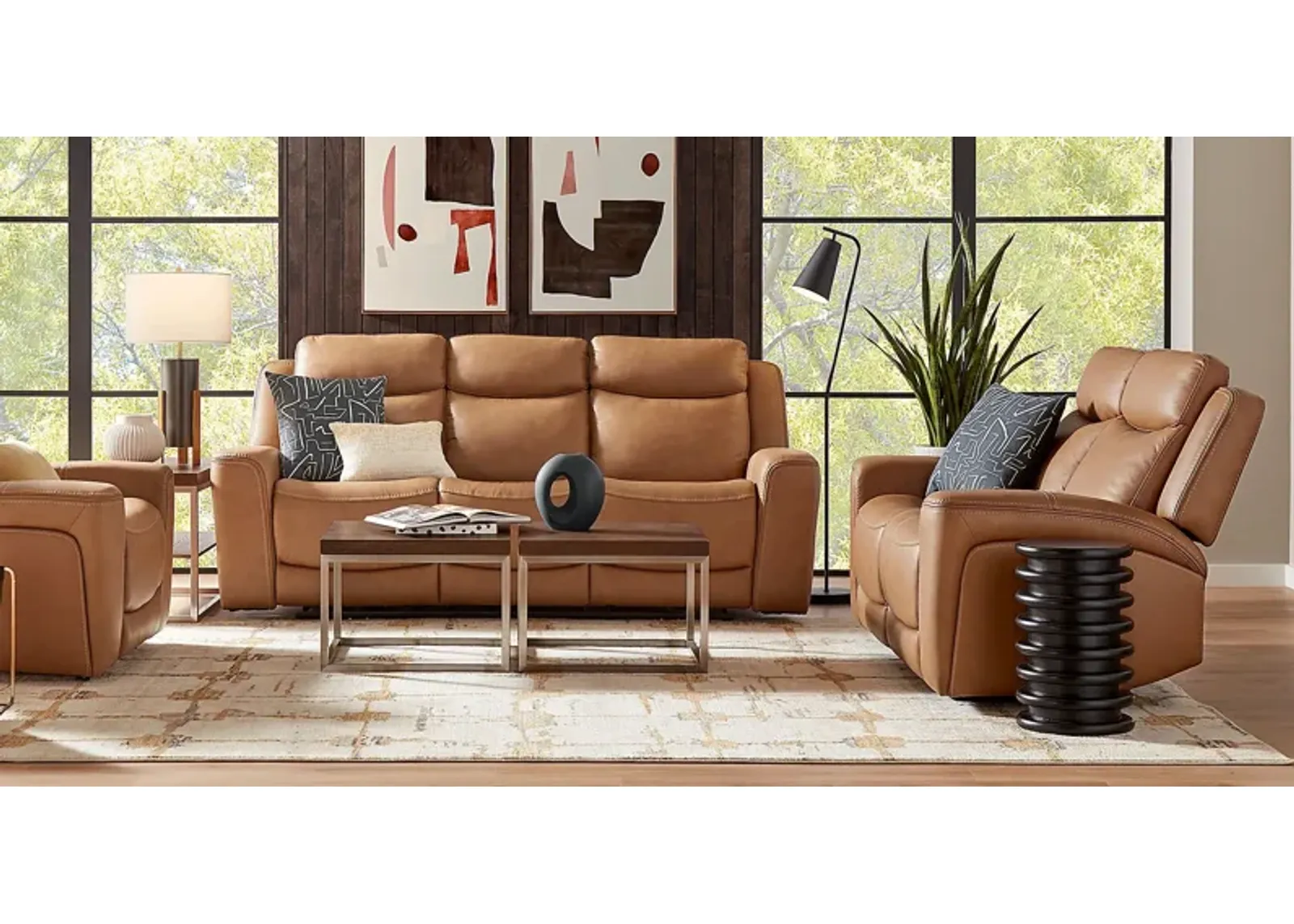 Davidson Caramel Leather 7 Pc Living Room with Dual Power Reclining Sofa