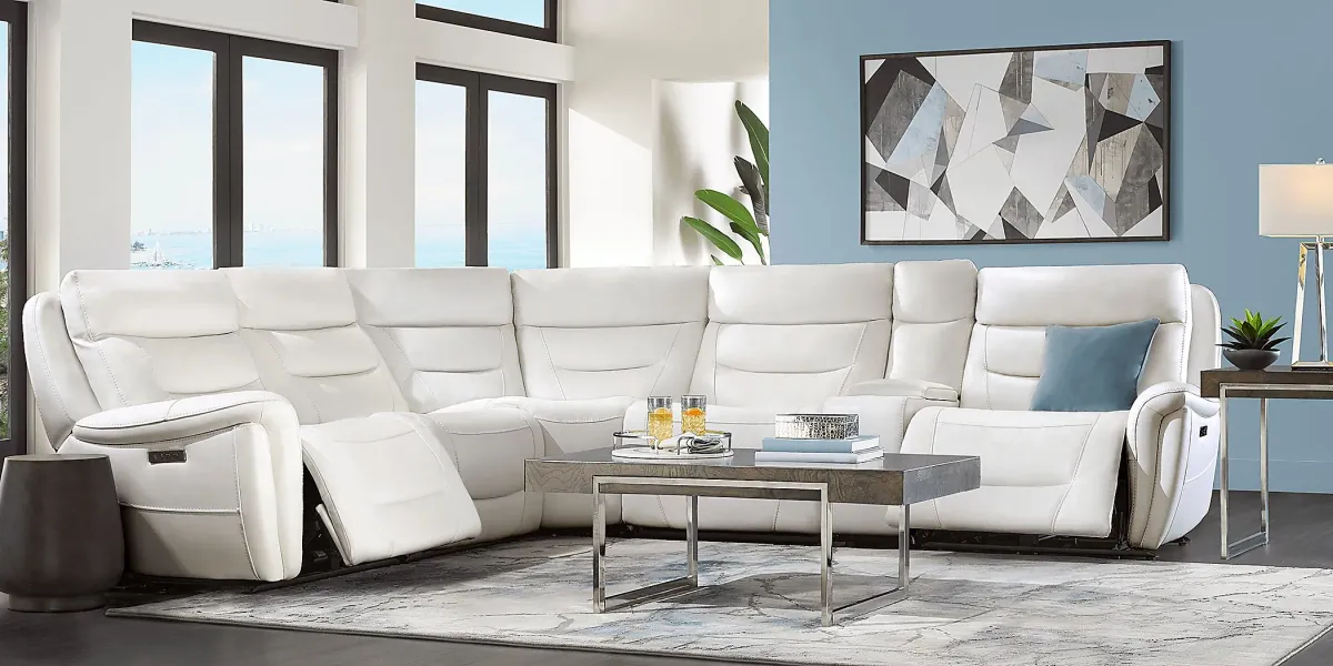 Regis Park White Leather 6 Pc Dual Power Reclining Sectional