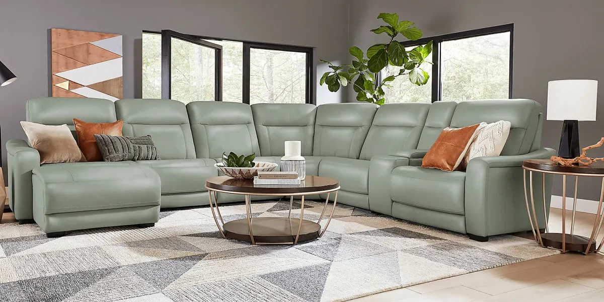 Newport Mint Leather 10 Pc Dual Power Reclining Sectional Living Room