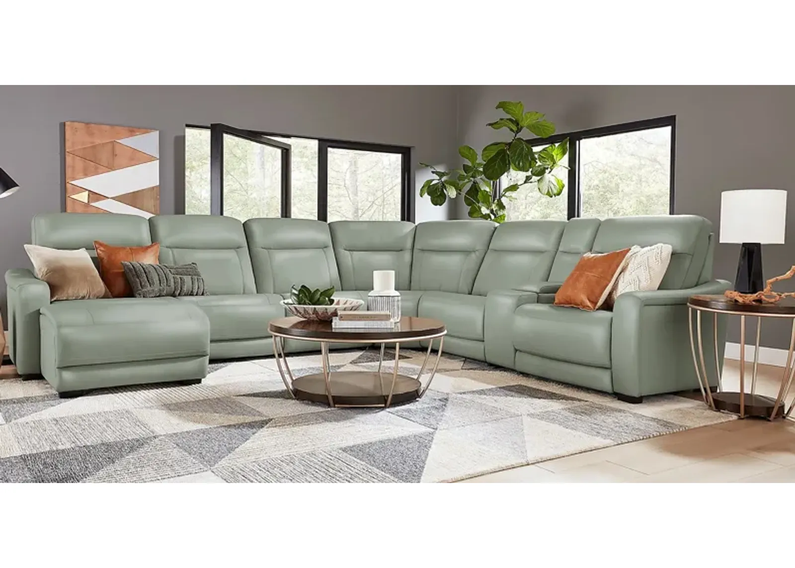 Newport Mint Leather 10 Pc Dual Power Reclining Sectional Living Room