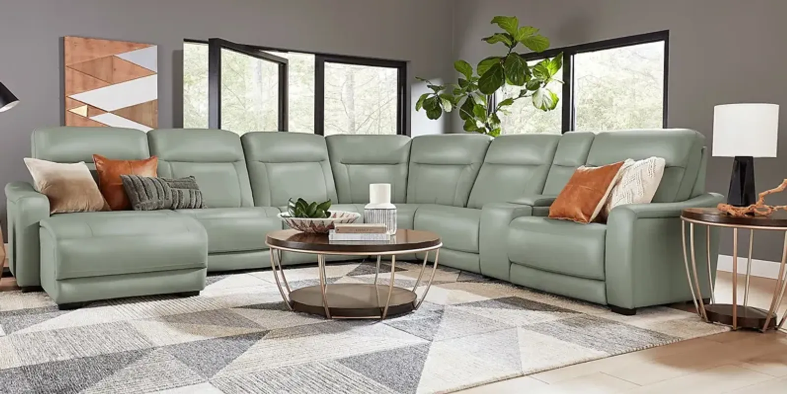 Newport Mint Leather 10 Pc Dual Power Reclining Sectional Living Room