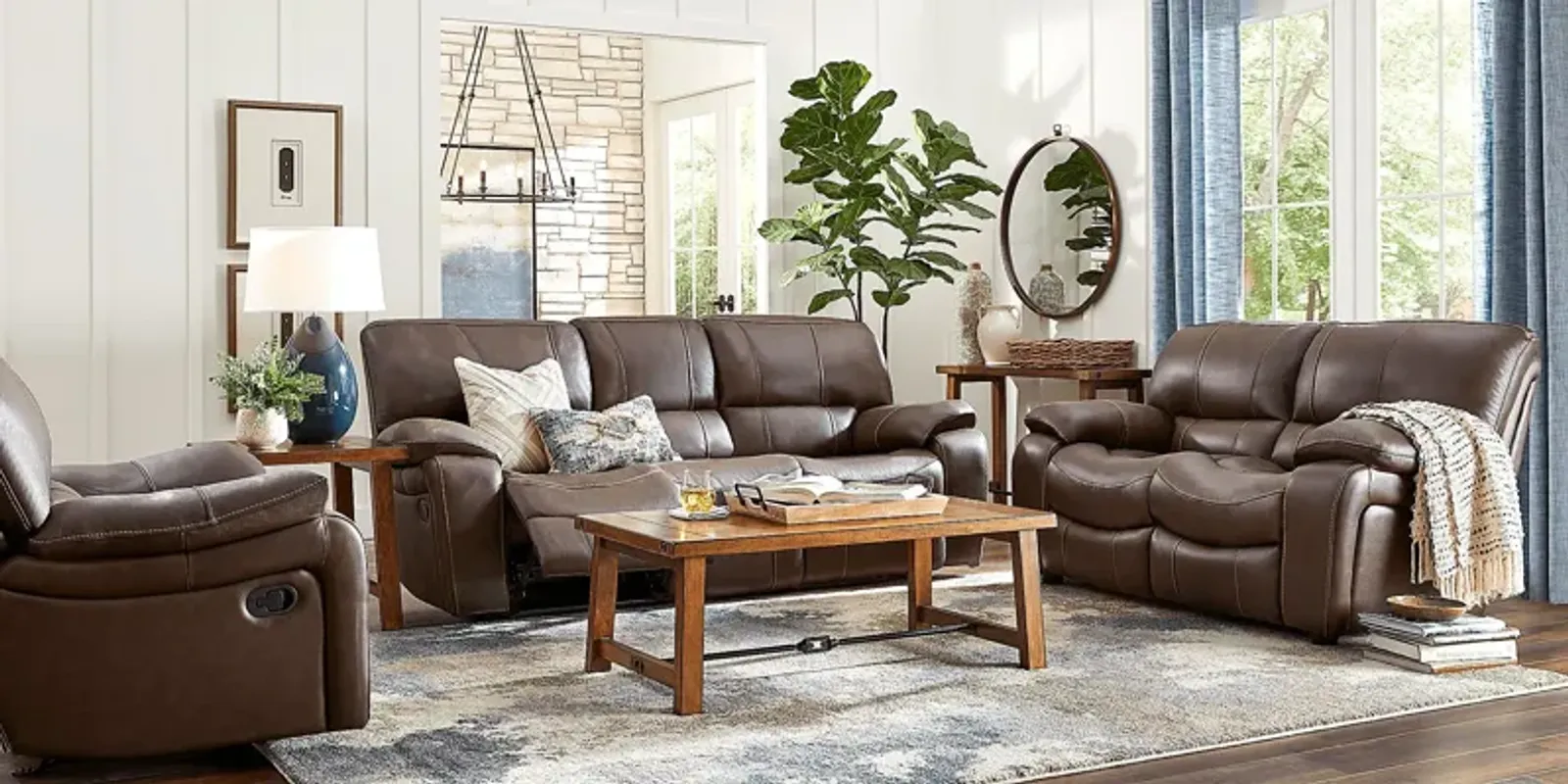 San Gabriel Brown Leather 5 Pc Living Room with Reclining Sofa