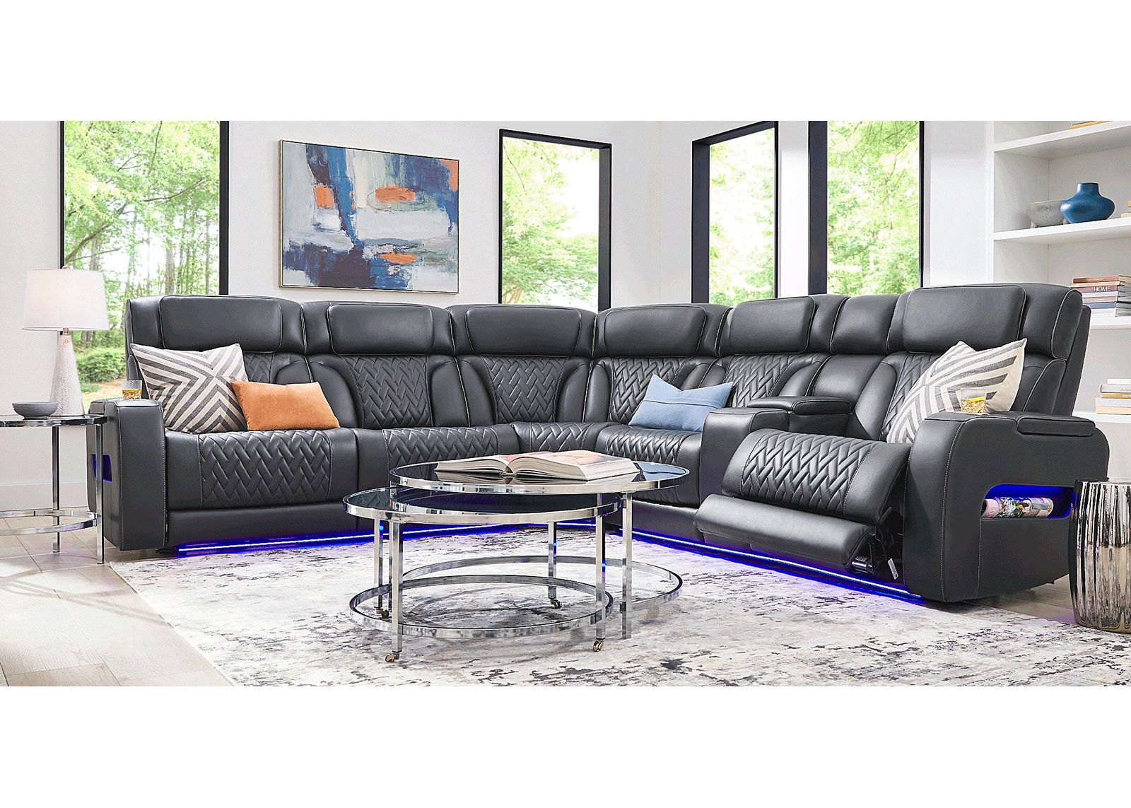 Encore Black Leather 6 Pc Triple Power Reclining Sectional Living Room